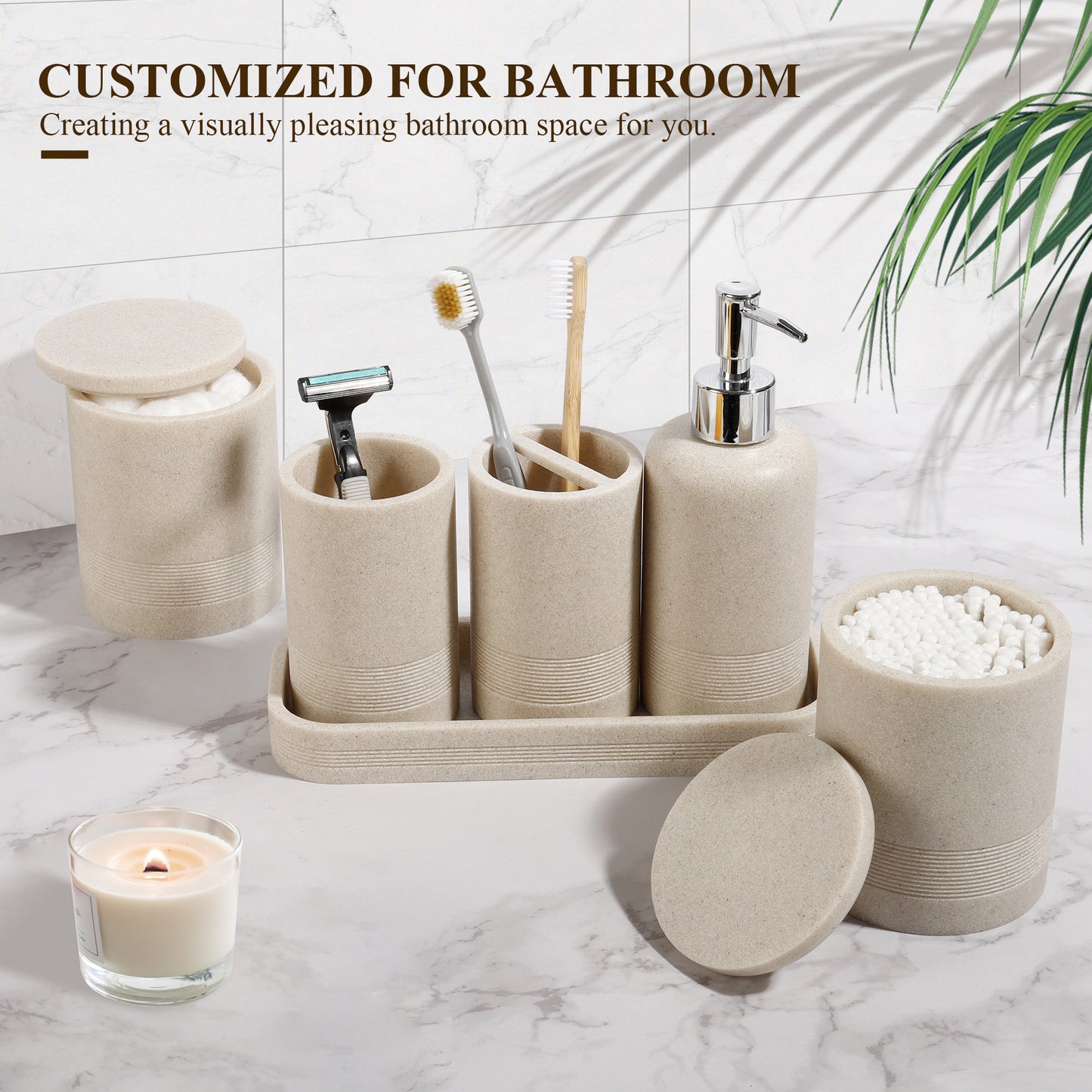 Bathroom Accessories Set, 6-Piece Bathroom Accessory Set, Toothbrush Holders Set, Soap Dispenser, Vanity Tray, Tumbler, Cotton Swab Jars