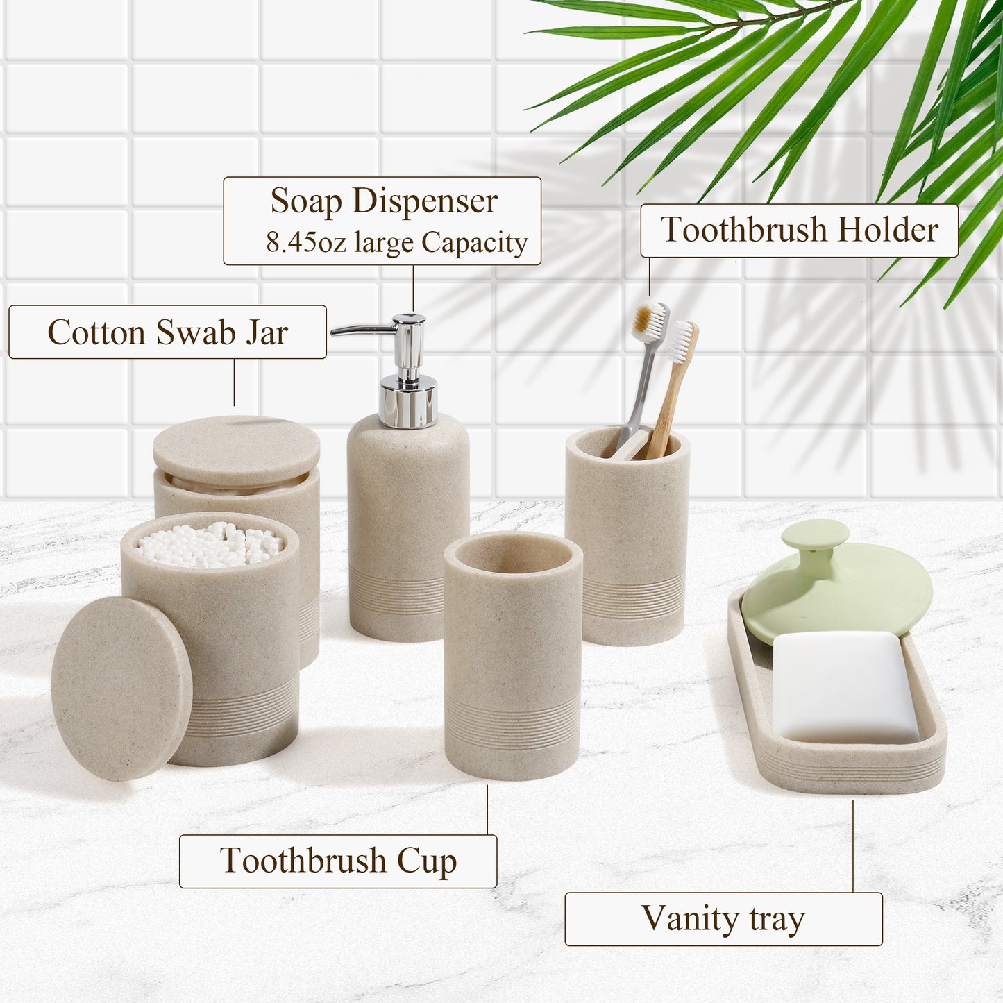 Bathroom Accessories Set, 6-Piece Bathroom Accessory Set, Toothbrush Holders Set, Soap Dispenser, Vanity Tray, Tumbler, Cotton Swab Jars